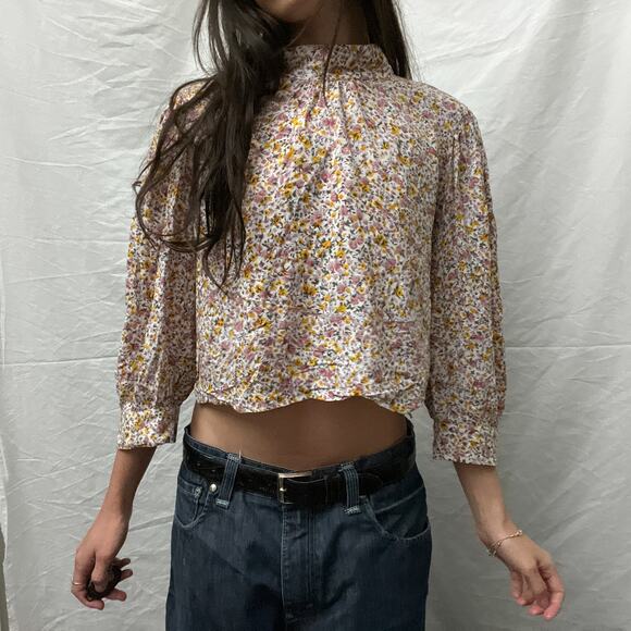 rollas dainty floral print boho balloon sleeve button back cropped blouse top - Picture 1 of 8